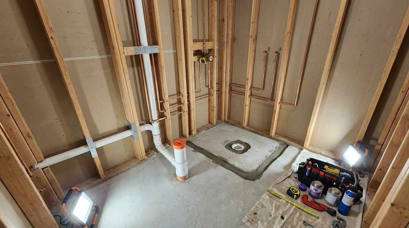 Bathroom rough-in plumbing during remodel by Johns Plumbing LLC in Hingham