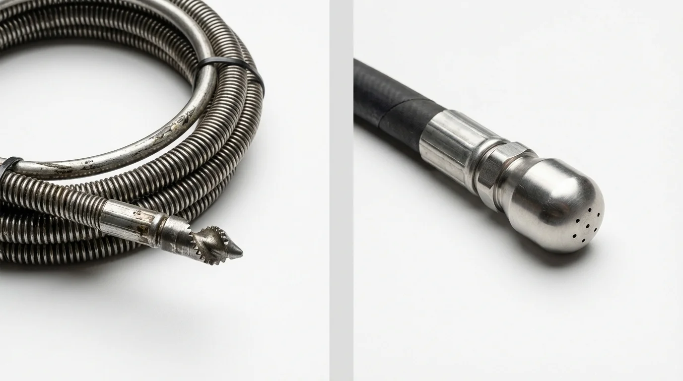 Drain snake cable and hydro jetting nozzle used for drain cleaning in Hingham, MA