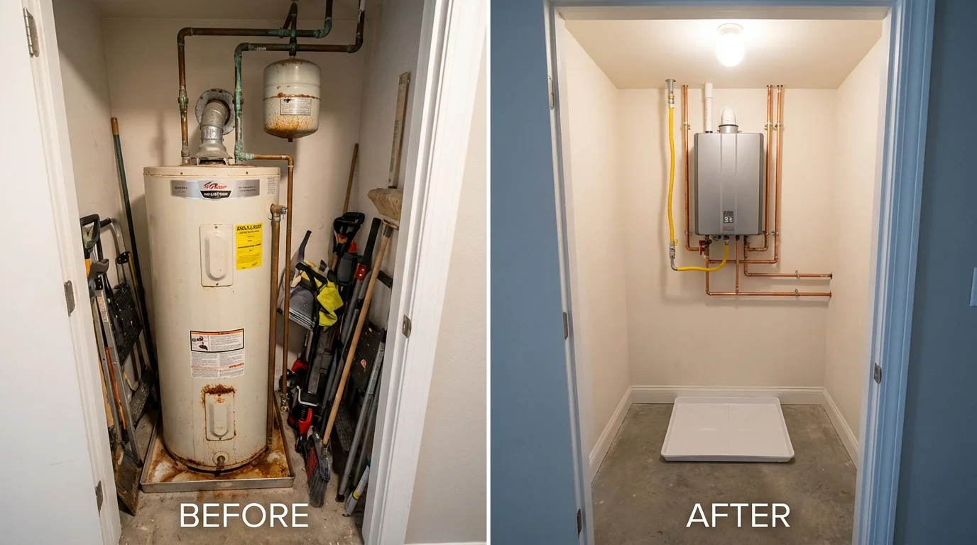 Tank water heater versus wall-mounted tankless unit comparison for Hingham, MA homeowners