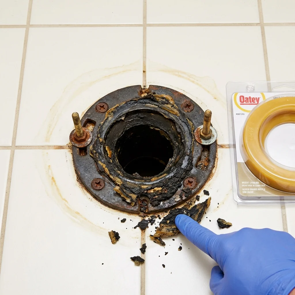 Failed wax ring showing water seepage at the base of a toilet in a Hingham, MA home